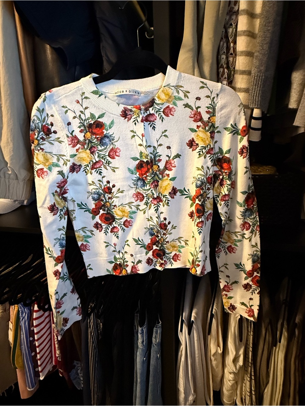Alice + Olivia White Floral Crewneck Sweater with Red and Yellow Blooms